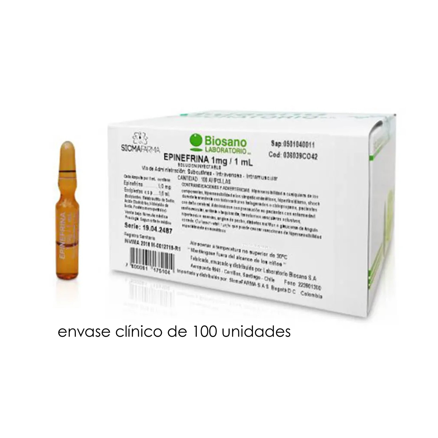 Epinefrina Inyectable 1mg/mL - 100 Ampollas - Envase Clínico
