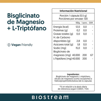 Bisglicinato de Magnesio + L-Triptófano Biostream - 120 Cápsulas