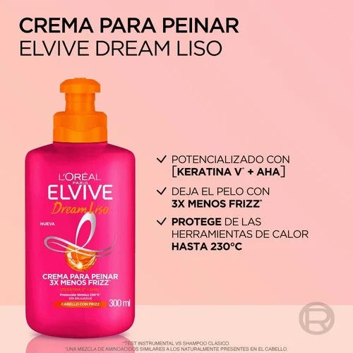 Crema Para Peinar Dream Liso Elvive Keratina + Ac. Hialurónico - 300 ml