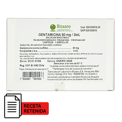 Gentamicina Solución Inyectable 80mg/2ml